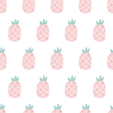 Ananas pastel desenli. Pembe renklerde, tropik, pürüzsüz bir desen. Çocukların tekstil, giysi ve ambalaj kağıtlarını bastırmak için ideal.