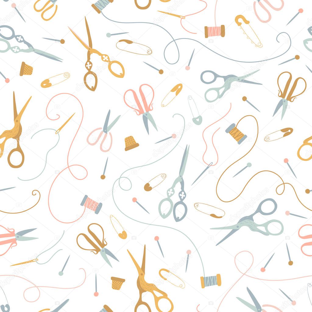 Vector seamless sewing pattern in pastel colors on a white background. Vintage seamstress tools. Scissors, threads, needles, pins, thimble. Ideal for printing onto fabric, textile, packaging