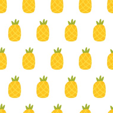Ananas çizgi film deseni. Turuncu renklerde, tropikal vektörsüz desen. Kadınlar için çocuk tekstili basmak için ideal kıyafet, ambalaj kağıdı