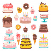 Karikatur-Dessertset. Vektor Stock Illustrationen von verschiedenen Kuchen, Muffins, Eis, Donuts. auf Partys, Geburtstagen, Hochzeiten. Süßigkeiten mit Früchten, Schokolade, Gebäckbelag.