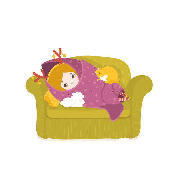 Christmas comfort. The girl in the plaid is lying on the sofa with a cat and a dog. Cute vector illustration in cartoon style.