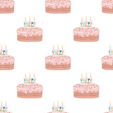 Pembe kremalı pasta deseni, serpinti ve mumlar. Doğum günü, tebrik kartları ve hediye paketi için beyaz arkaplan üzerine kusursuz el yazısı çizimi çizimi..