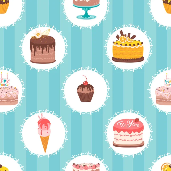 丸いフレームのカップケーキ ケーキ アイスクリームのヴィンテージシームレスなパターン 誕生日パーティー グリーティングカード ギフトラップのための縞模様の青い背景にかわいい手描きベクトルイラストお菓子 — ストックベクタ