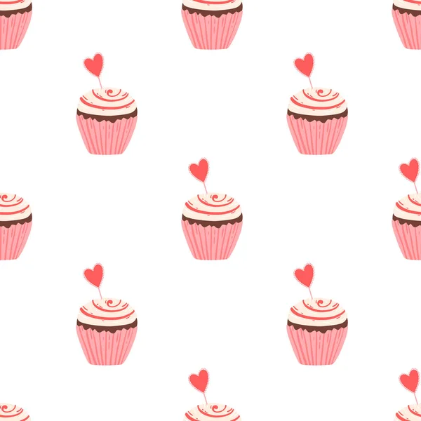 バレンタインデーのために装飾されたジャムとカップケーキパターン かわいい手描きベクトルイラストカップケーキ誕生日パーティー グリーティングカード ギフトラップのためのシームレスな背景 — ストックベクタ