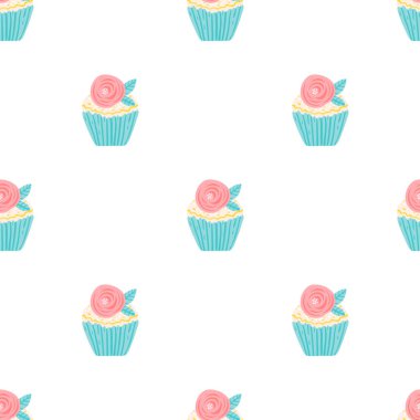 Gül çiçekli kek deseni. Güzel el çizimi vektör illüstrasyonu kekler doğum günü partisi, tebrik kartları, hediye paketi için kusursuz arkaplan..