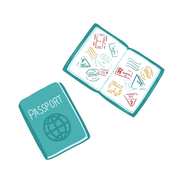 Passeport Voyageur Couverture Propagation Page Avec Divers Timbres Sceaux Illustration — Image vectorielle
