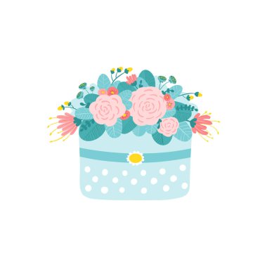 Çiçekli hediye kutusu. Basit bir çizgi film tarzında vektör stok illüstrasyonu. Pastel renkler. Beyaz arkaplanda izole et