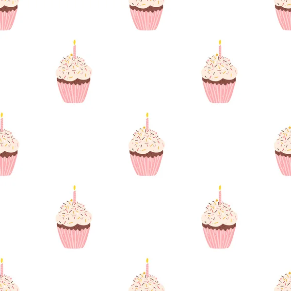 Cupcake Pattern Confetti Sprinkles Candle Cute Hand Drawn Vector Illustration — 스톡 벡터