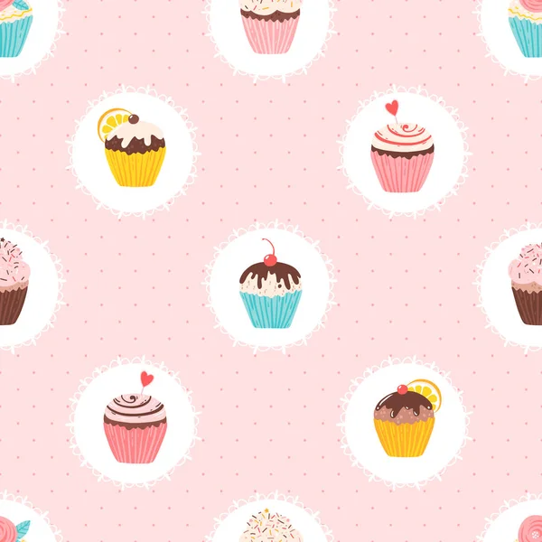 丸いナプキンにカップケーキのヴィンテージパターン 誕生日パーティー グリーティングカード ギフトラップのためのかわいい手描きベクトルイラストマフィンシームレス背景 — ストックベクタ