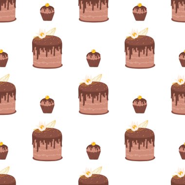 Çikolatalı pasta ve kek kalıbı. Beyaz bir arkaplanda şirin el çizimi vektör çizimi kusursuz arkaplan