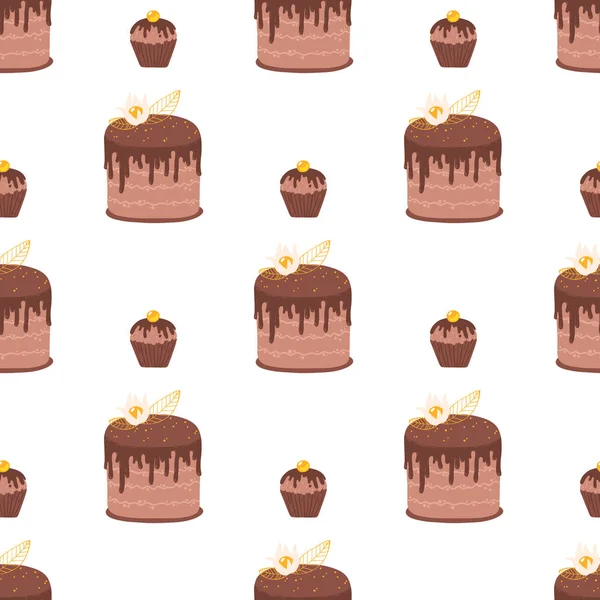 チョコレートケーキとカップケーキのパターン。可愛い手描きベクトルイラストシームレスな背景白の背景 — ストックベクタ