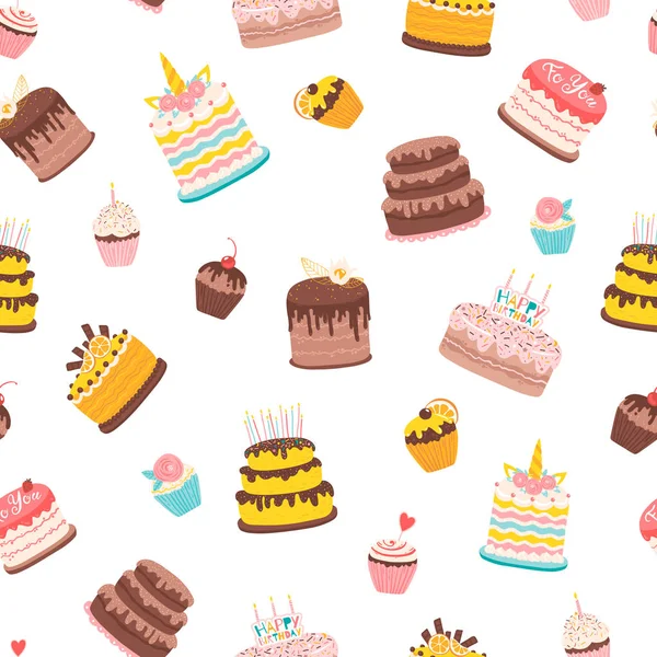 Çeşitli pastalar ve doğum günü kekleriyle kusursuz bir şablon.. — Stok Vektör