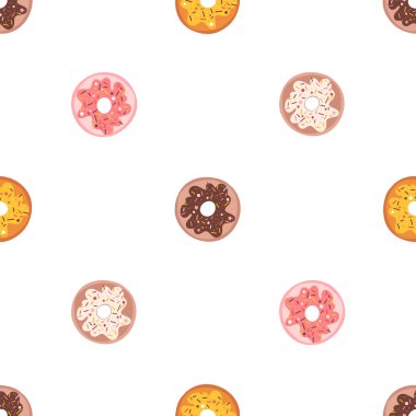 Donutlar pürüzsüz desen. Beyaz arkaplanda sevimli el çizimi vektör çizimi tatlılar