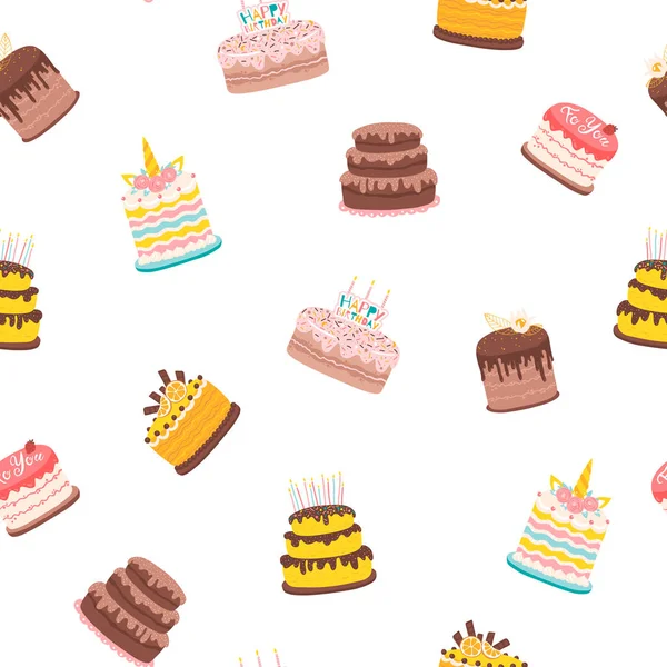 Vector seamless pattern with various birthday cakes. — 스톡 벡터