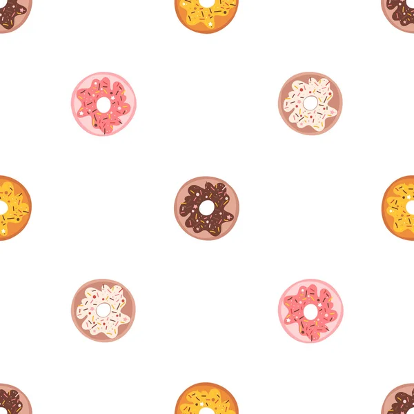Donuts sem costura padrão. Doces de ilustração vetorial desenhado à mão bonito no fundo branco — Vetor de Stock