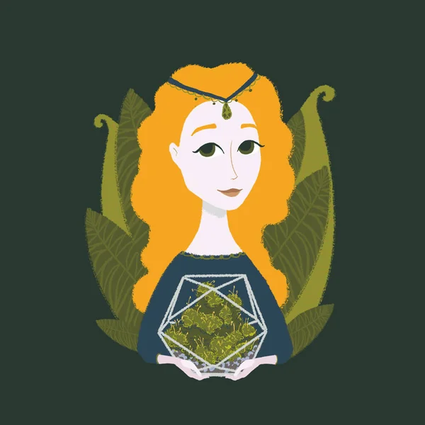 女孩拿着一个镶着苔藓的水族馆。 蕨树丛中美丽的卡通人物画像. — 图库照片