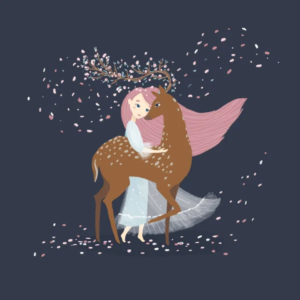 Girl hugs a magic deer with blooming horns. Beautiful little character with long pink hair. Spring Fairy Tale. Cute childish hand drawn illustration — Stock Photo, Image