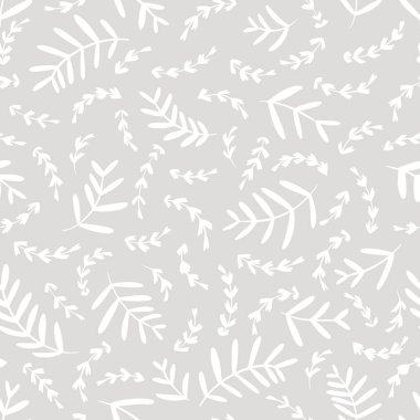 Floral vector seamless pattern. Hand drawn simple doodle illustration. White silhouette on a pastel gray background. Ideal for textiles, wallpaper, packaging, etc
