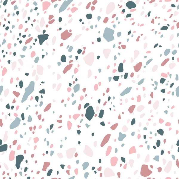 Minimalist kusursuz Terrazzo deseni. Vektör el, pastel renkte kesilmiş bir taşın resimlerini çizdi. Basit bir arkaplan baskı, tekstil, kumaş, duvar kağıdı, ambalaj kağıdı, fırça için idealdir