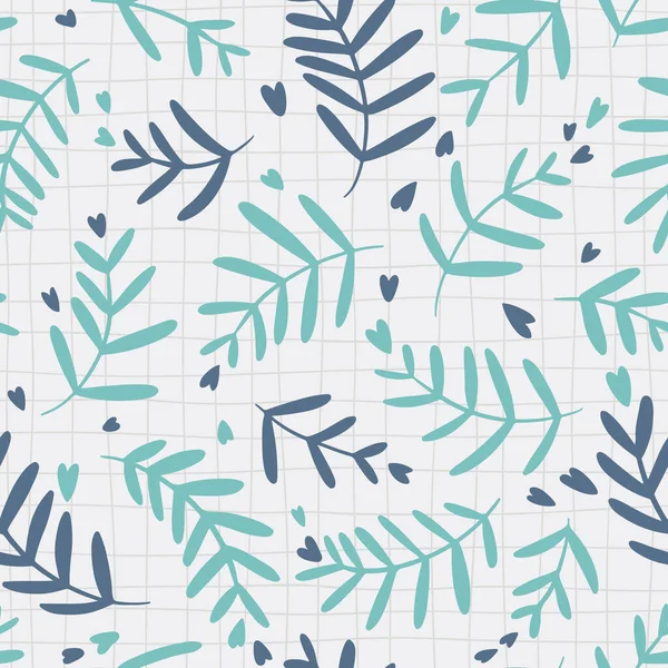 Çiçeksiz vektör deseni, şebeke arka planında pastel renkli kalpler var. El çizimi basit karalama çizimi. Tekstil, duvar kağıdı, ambalaj vs. için ideal