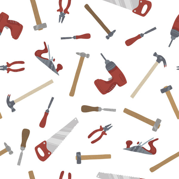 Фон мультипликационных инструментов - бесшовная векторная текстура с аппаратным обеспечением, деревообрабатывающие инструменты
