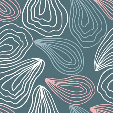 Minimalist, pürüzsüz istiridye deseni. Vektör el, pastel renklerde bir yumuşakçanın çizimi. Basit bir arkaplan baskı, tekstil, kumaş, duvar kağıdı, ambalaj kağıdı için idealdir