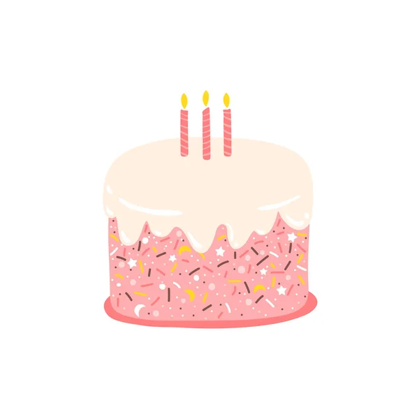 Aspersiones de pastel y esmalte rosa con fiesta de cumpleaños con velas. Ilustración vectorial plana aislada en estilo de dibujos animados simples sobre un fondo blanco — Archivo Imágenes Vectoriales