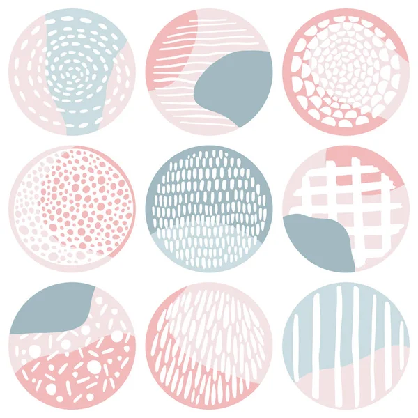 Kapak Hikayeleri 'nin özetleri. Pastel palette minimalist desenler ve pullar. Pembe, beyaz ve mavi. İzole edilmiş vektör arkaplan resmi beyaz bir arkaplan üzerinde bir daire içinde