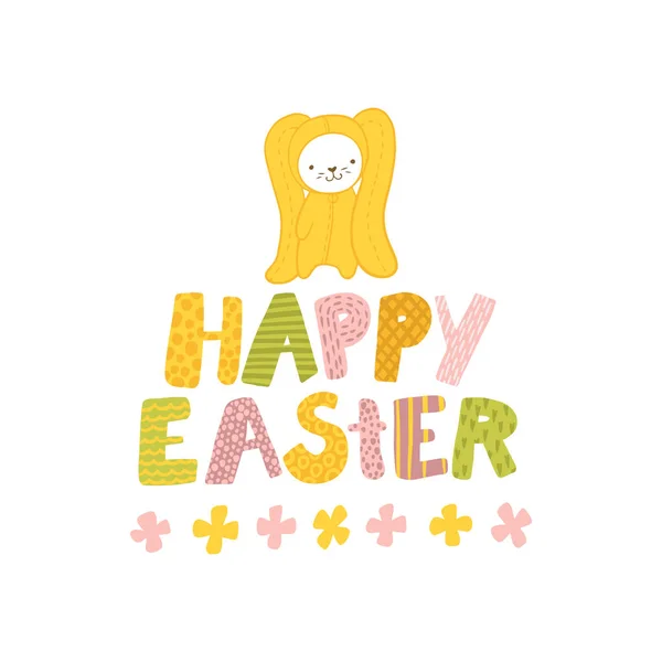 Happy easter. Cute animal in a pink rabbit costume and colorful inscription. Vector childish illustration in a simple cartoon hand-drawn style in a limited palette — Stock Vector