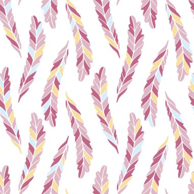 Renkli yapraklı, çiçeksiz desen. Basit İskandinav tarzında elle çizilmiş bir resim. Sınırlı pastel renkte minimalizm. Kumaş, tekstil, ambalaj, duvar kağıdı üzerine baskı yapmak için ideal