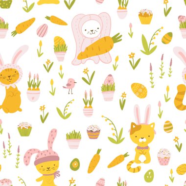 Easter seamless pattern with cats in rabbit costumes with cupcakes, eggs, carrots and spring flowers in simple cartoon hand-drawn style. Vector childish stock illustration in pastel palette.