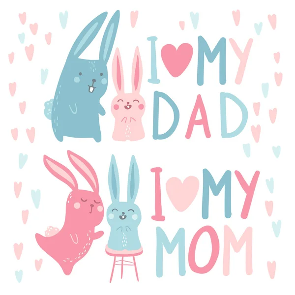 Cute Hare Rabbits Mother Father Baby Vector Childish Illustration Simple — Stock Vector