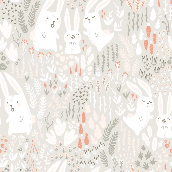 A family of white rabbits hares in flowers and herbs in beige tones. Vector seamless pattern. Cute animals in a childish cartoon hand-drawn Scandinavian style. For packaging, textile, fabric.