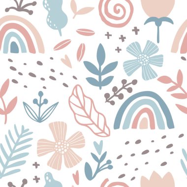 Rainbow floral seamless pattern. Abstract tile in hand-drawn simple doodle cartoon style. Scandinavian vector illustration in pink-blue pastel palette.