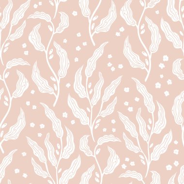 Çiçekli yapraklı, dikişsiz zeytin dalı. Basit İskandinav tarzında elle çizilmiş bir resim. Sınırlı pastel renkte minimalizm. Kumaş, tekstil, ambalaj, duvar kağıdı üzerine baskı yapmak için ideal.