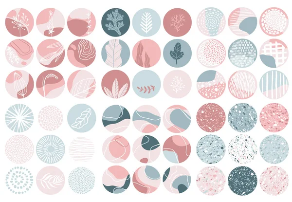 Highlights Covers. Minimalistic large set of abstract patterns with floral elements, patterns and stamps in a pastel pink and blue palette. Isolated vector background image in a circle on a white background.