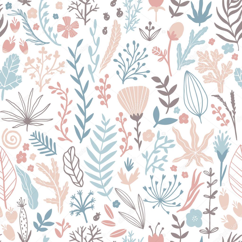 Floral seamless pattern with leaves and herbs. Hand drawn sketch line illustration in simple scandinavian style in limited pastel color. Ideal for printing onto fabric, textile, packaging, wallpaper.