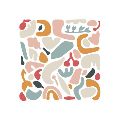 Digitally cut paper collage in pastel palette. Modern trend set in Scandinavian flat style. Vector collection of abstract shapes with plant elements.