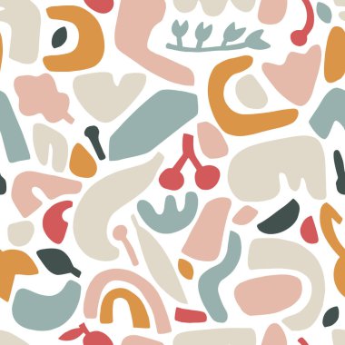 Seamless pattern cutted paper collage in pastel palette. Modern trend set in Scandinavian flat style. Vector collection of abstract shapes with plant elements.