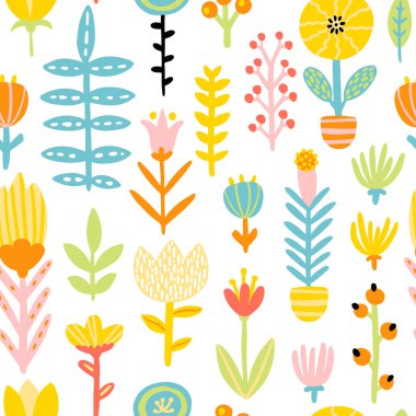 Spring doodle seamless patern with cute cartoon flowers in a colorful palette. Vector childish illustration in hand-drawn Scandinavian style. Ideal for textiles, clothing, packaging.