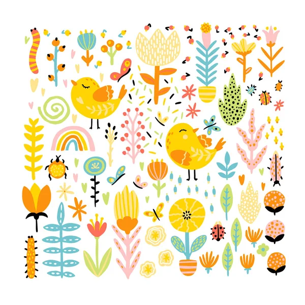 Springy collection of cartoon doodle elements for design. Cute birds with insect flowers and a rainbow. Vector childish illustration in hand-drawn Scandinavian style.