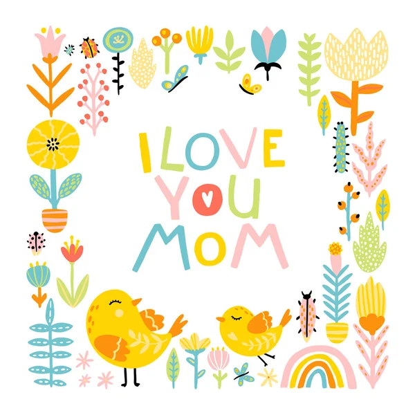 Люблю Тебя Мама Милые Мультяшные Птицы Мама Ребенок Рамке Цветов — стоковый вектор