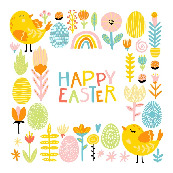 Easter Card Cute Cartoon Birds Frame Flowers Easter Eggs Comic — Stock Vector