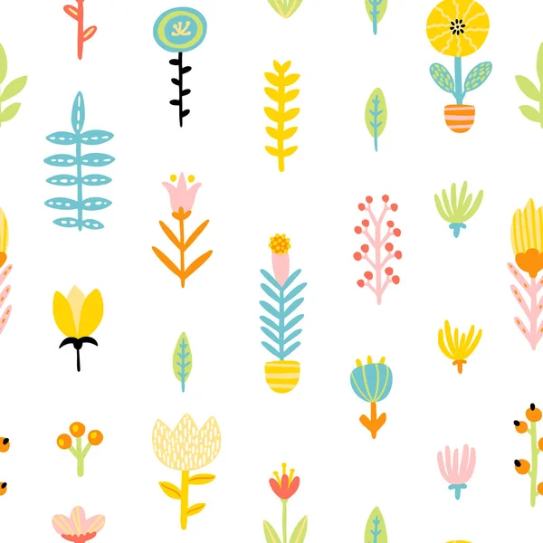 Spring Doodle Seamless Patern Cute Cartoon Flowers Colorful Palette Vector — Stockový vektor