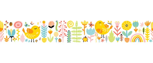 Spring Seamless Border Patern Cute Cartoon Birds Chickens Flowers Rainbow — Stock Vector