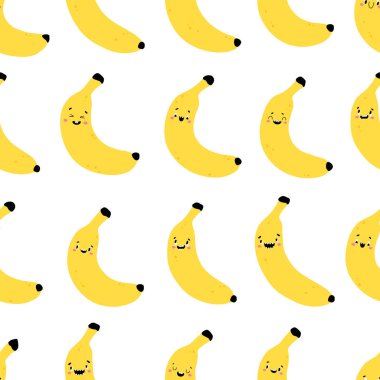 Kusursuz muz deseni. Mutlu yüzlü komik sarı karakterler. Basit İskandinav tarzıyla çizilmiş vektör karikatür çizimi. Bebek ürünleri basmak için ideal.