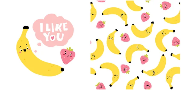 Cartão Saudação Banana Strawberry Com Palavras Gosto Você Padrão Sem — Vetor de Stock