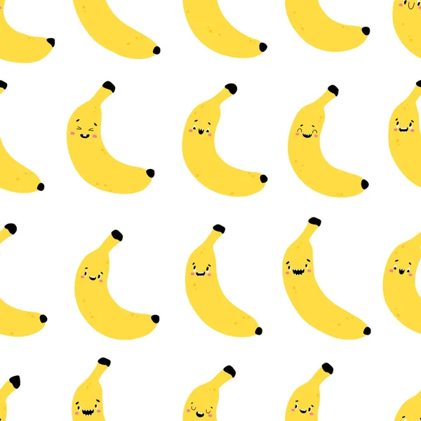 Padrão Sem Costura Banana Personagens Amarelos Engraçados Com Rostos Felizes — Vetor de Stock