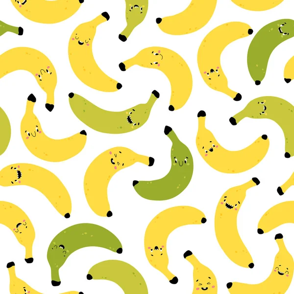 Padrão Sem Costura Banana Personagens Amarelos Verdes Engraçados Com Rostos — Vetor de Stock