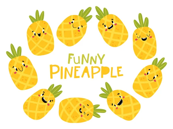 Pineapple Tropical Fruit Collection Funny Characters Happy Faces Vector Cartoon — 스톡 벡터